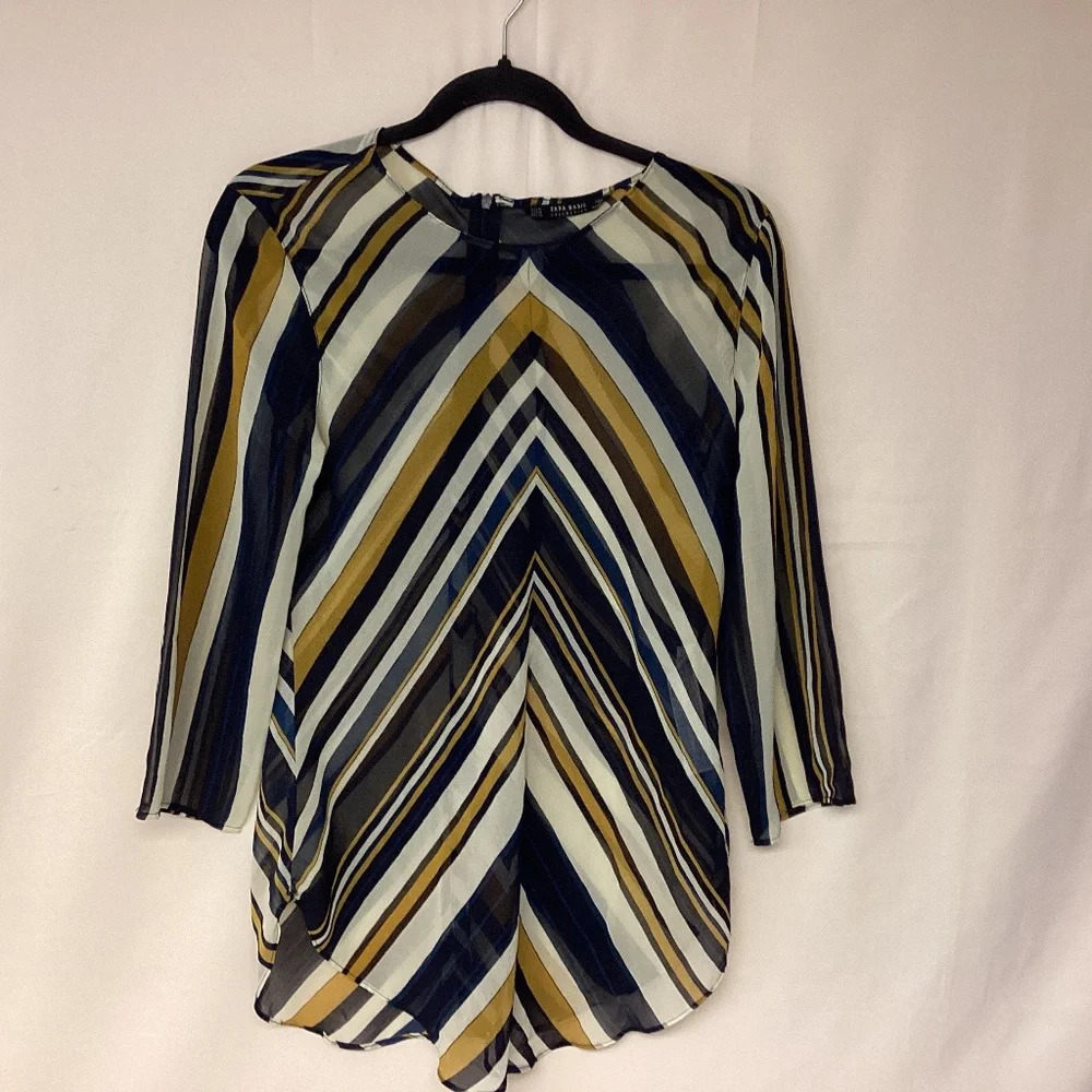 Zara Blouse Sheer Stripes Flowy Fishtail Womens SZ M